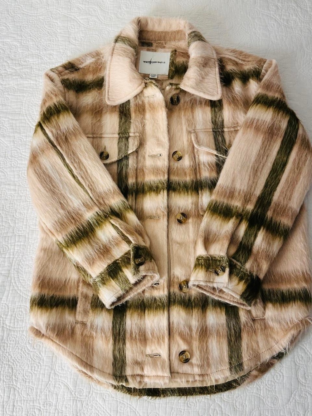 American Eagle Outfitters Beige & Olive Plaid Teddy Shacket